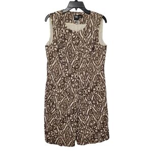 Worth 100% Linen Shift Dress Size 12 Brown White Ikat Button Down Office Summer‎